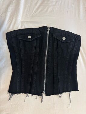 Zara Black Denim Corset Zip-Front Top